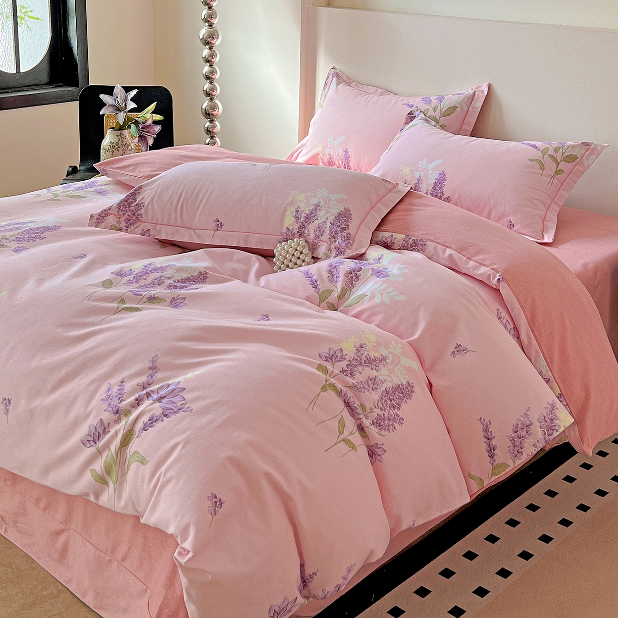 91家纺网 家纺一手货源 找家纺 亿梵家居 2026新款全棉纯棉磨毛四件套 风中摇曳-粉