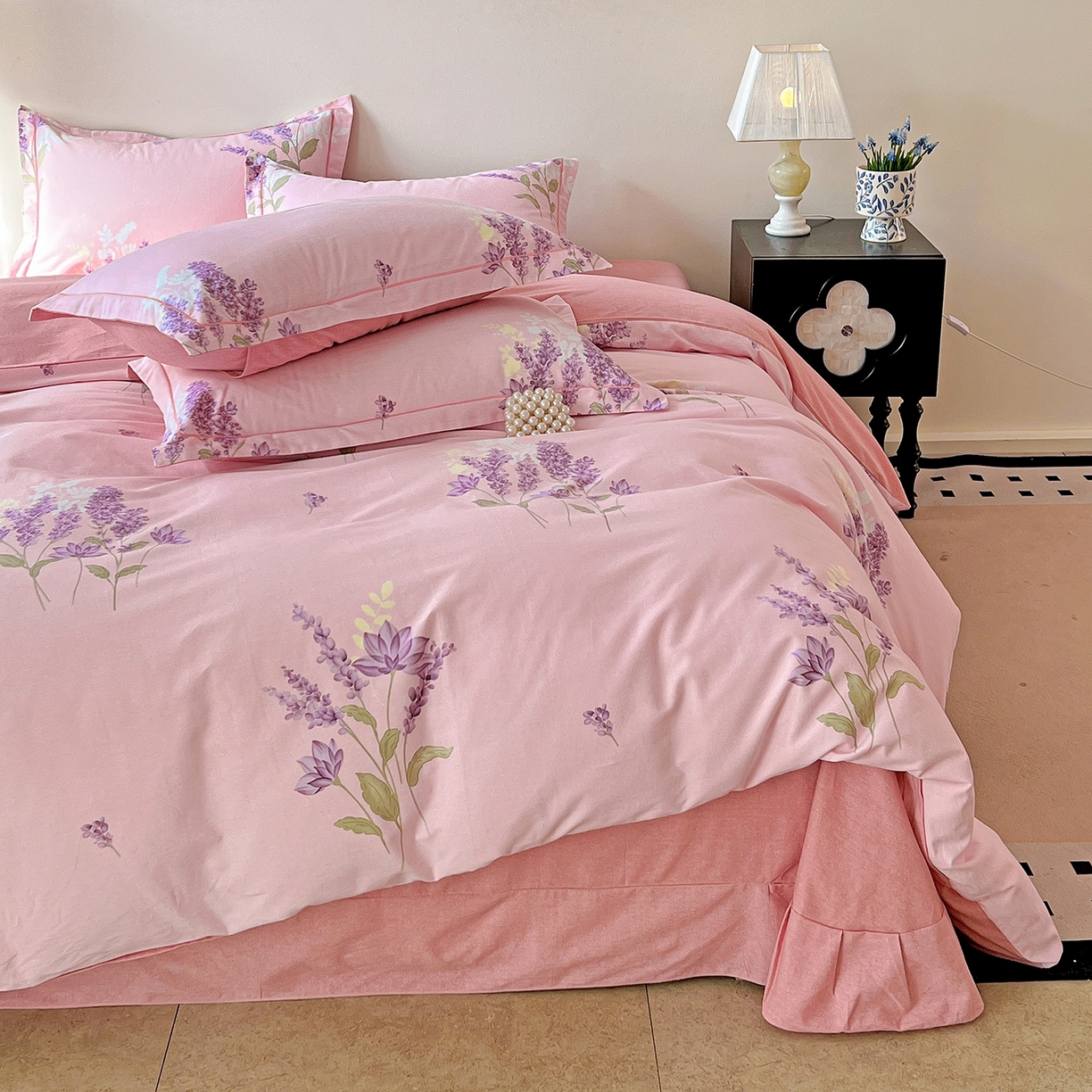 91家纺网 家纺一手货源 找家纺 亿梵家居 2026新款全棉纯棉磨毛四件套 风中摇曳-粉