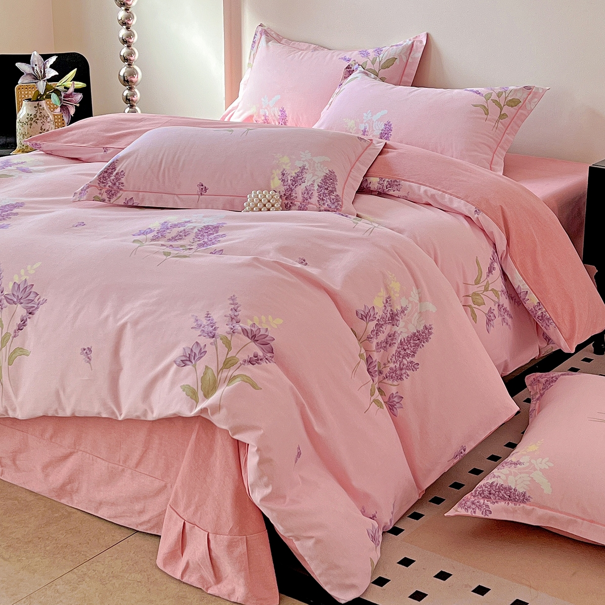 91家纺网 家纺一手货源 找家纺 亿梵家居 2026新款全棉纯棉磨毛四件套 风中摇曳-粉