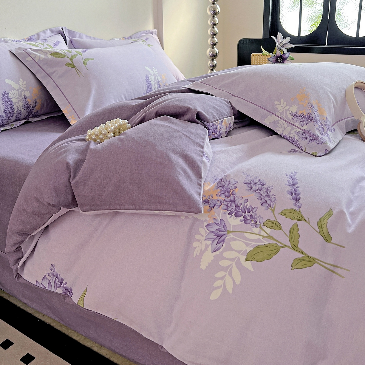 91家纺网 家纺一手货源 找家纺 亿梵家居 2026新款全棉纯棉磨毛四件套 风中摇曳-紫