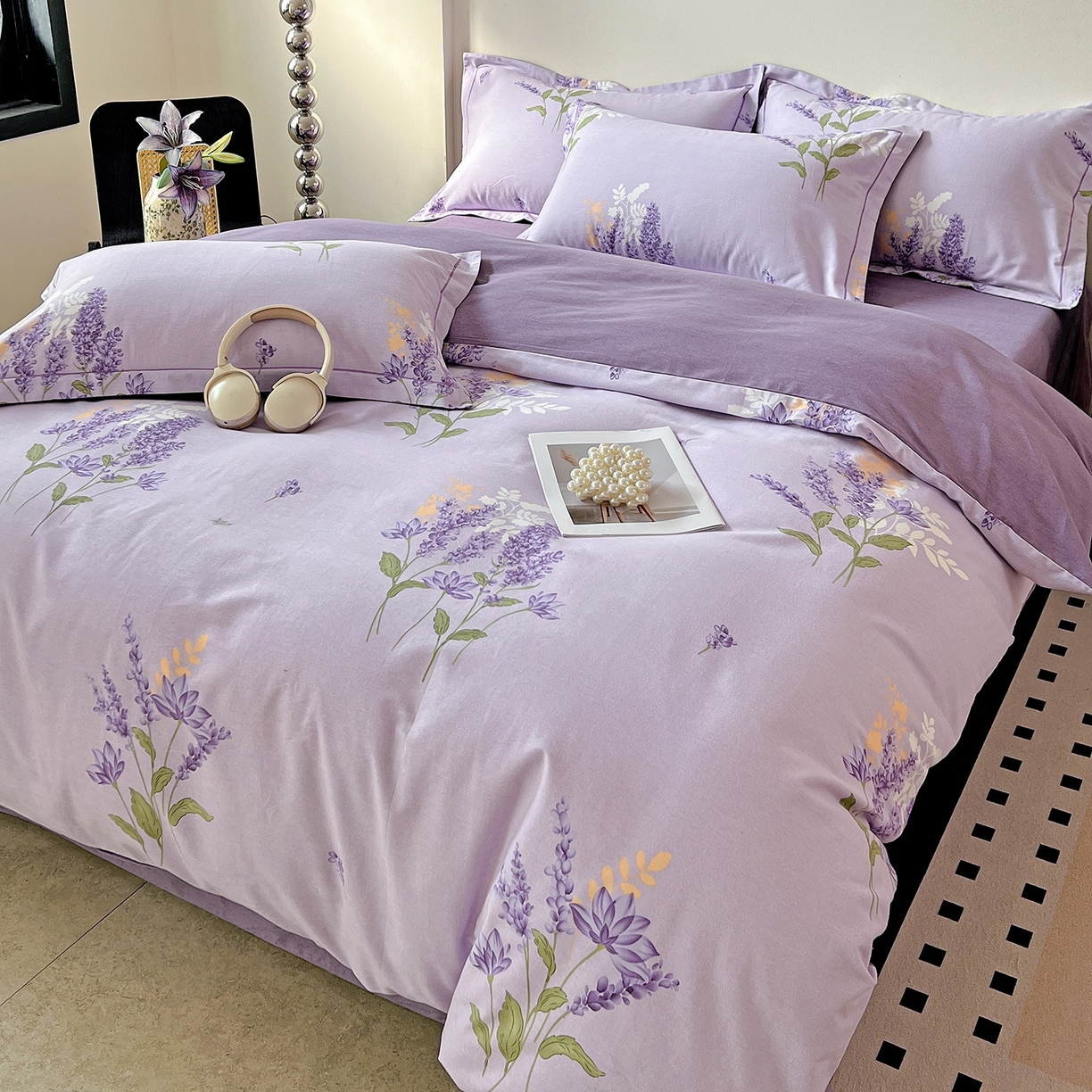 91家纺网 家纺一手货源 找家纺 亿梵家居 2026新款全棉纯棉磨毛四件套 风中摇曳-紫