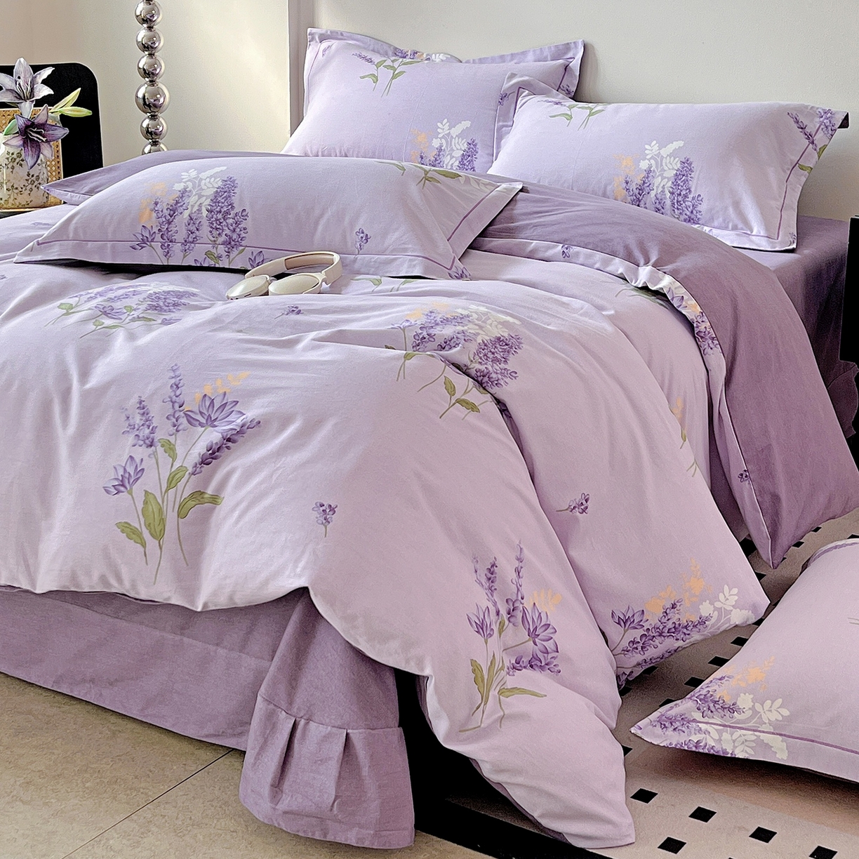 91家纺网 家纺一手货源 找家纺 亿梵家居 2026新款全棉纯棉磨毛四件套 风中摇曳-紫