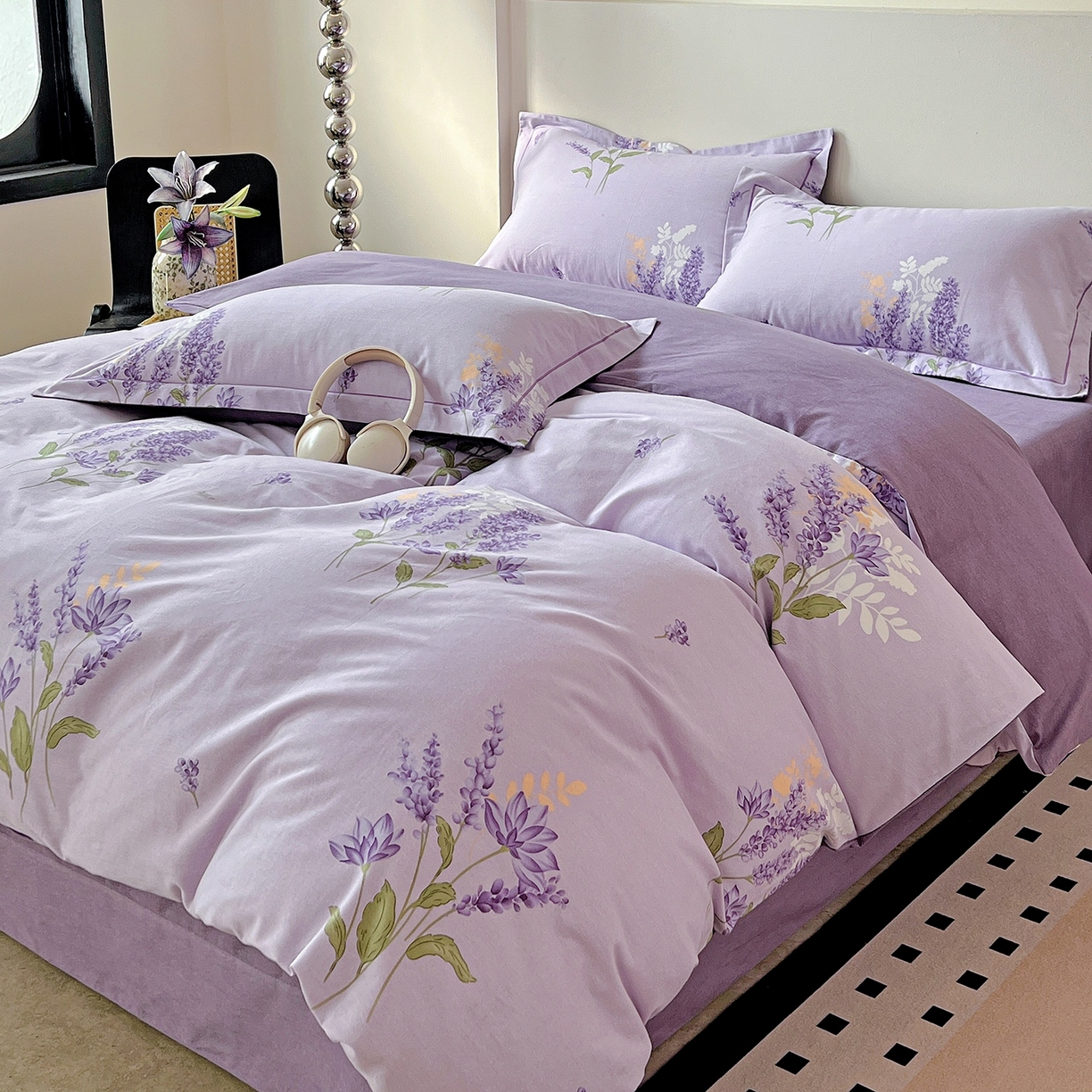 91家纺网 家纺一手货源 找家纺 亿梵家居 2026新款全棉纯棉磨毛四件套 风中摇曳-紫