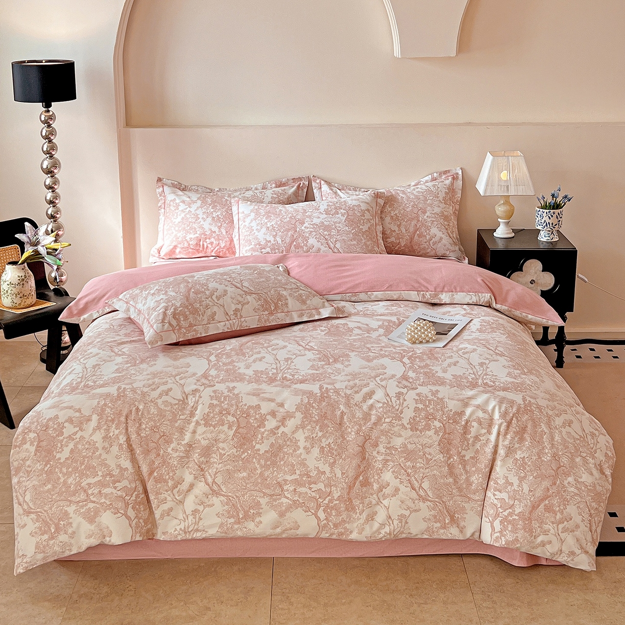 91家纺网 家纺一手货源 找家纺 亿梵家居 2026新款全棉纯棉磨毛四件套 沁语繁花-粉