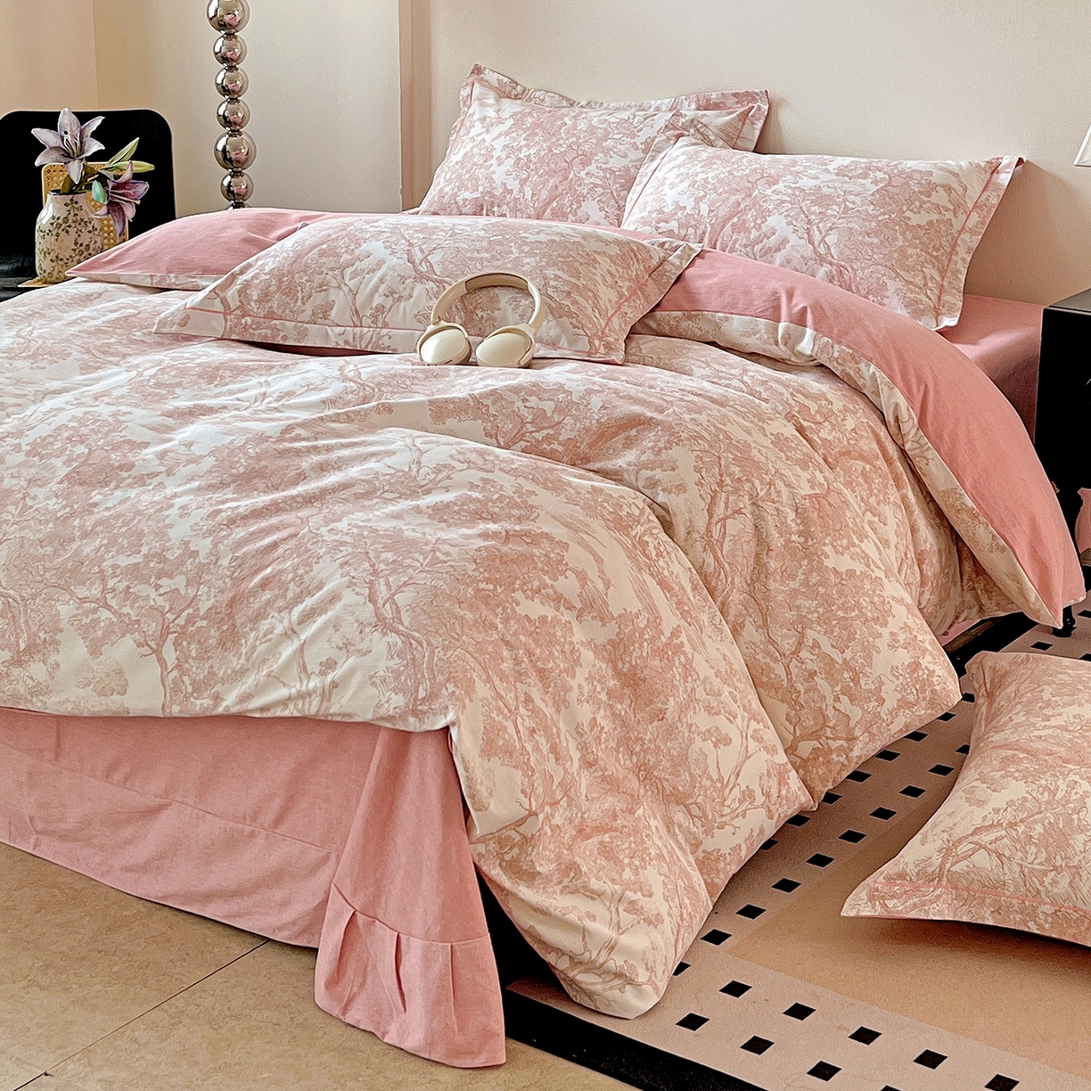 91家纺网 家纺一手货源 找家纺 亿梵家居 2026新款全棉纯棉磨毛四件套 沁语繁花-粉