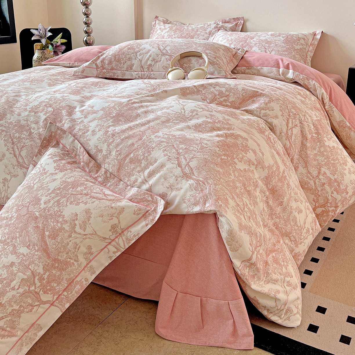 91家纺网 家纺一手货源 找家纺 亿梵家居 2026新款全棉纯棉磨毛四件套 沁语繁花-粉