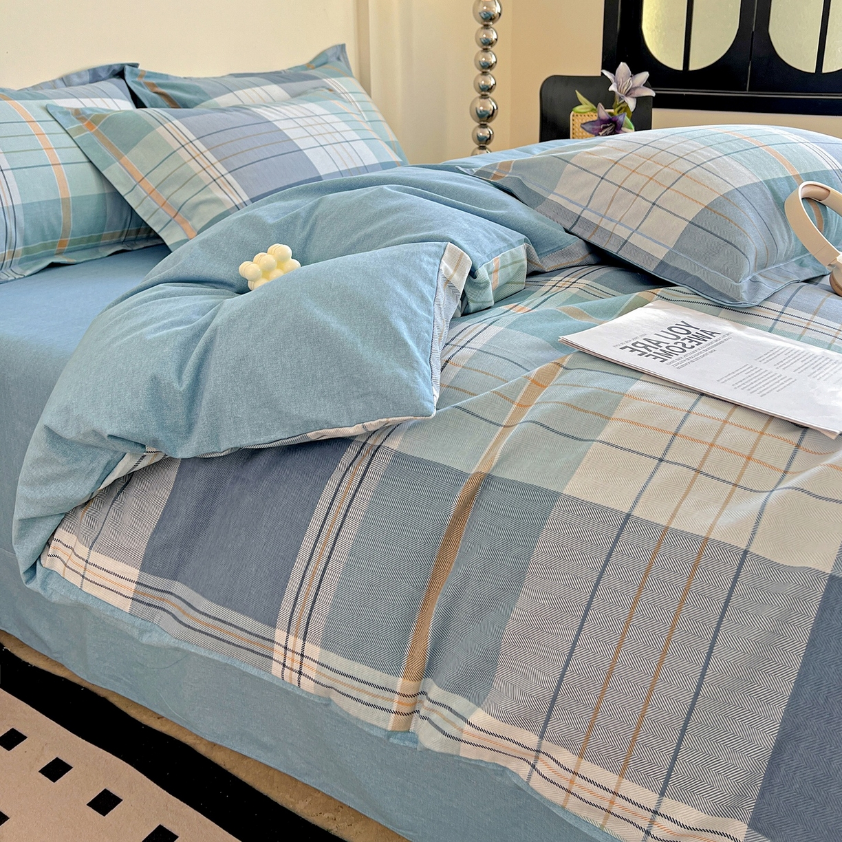 91家纺网 家纺一手货源 找家纺 亿梵家居 2026新款全棉纯棉磨毛四件套 赛普斯-蓝