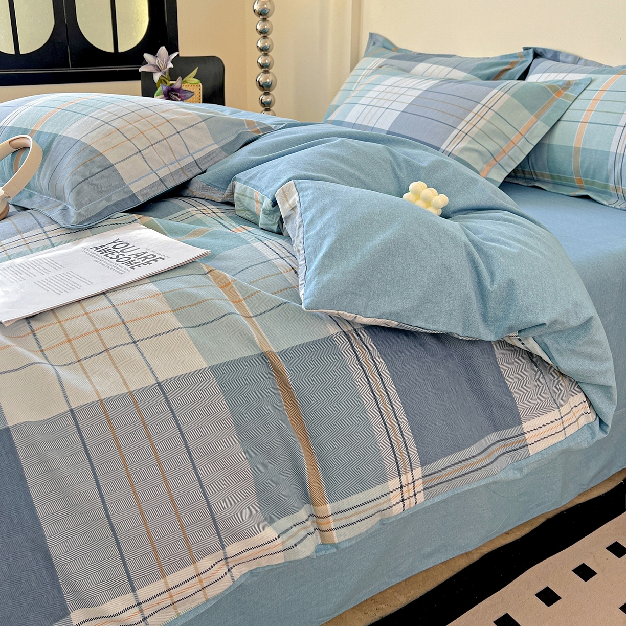 91家纺网 家纺一手货源 找家纺 亿梵家居 2026新款全棉纯棉磨毛四件套 赛普斯-蓝