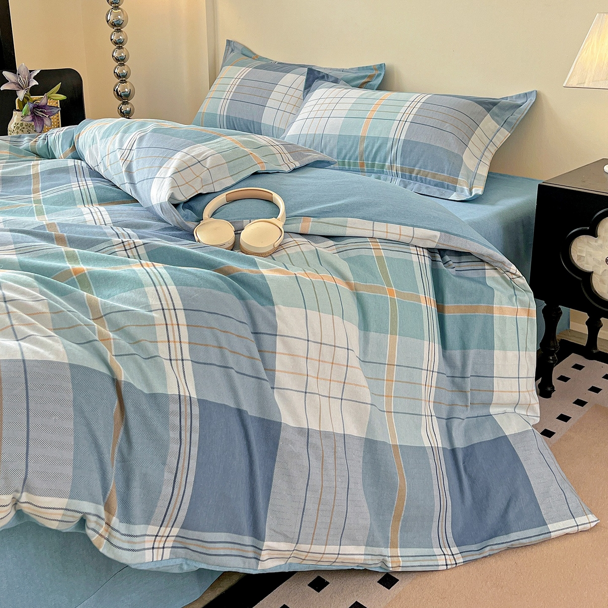 91家纺网 家纺一手货源 找家纺 亿梵家居 2026新款全棉纯棉磨毛四件套 赛普斯-蓝