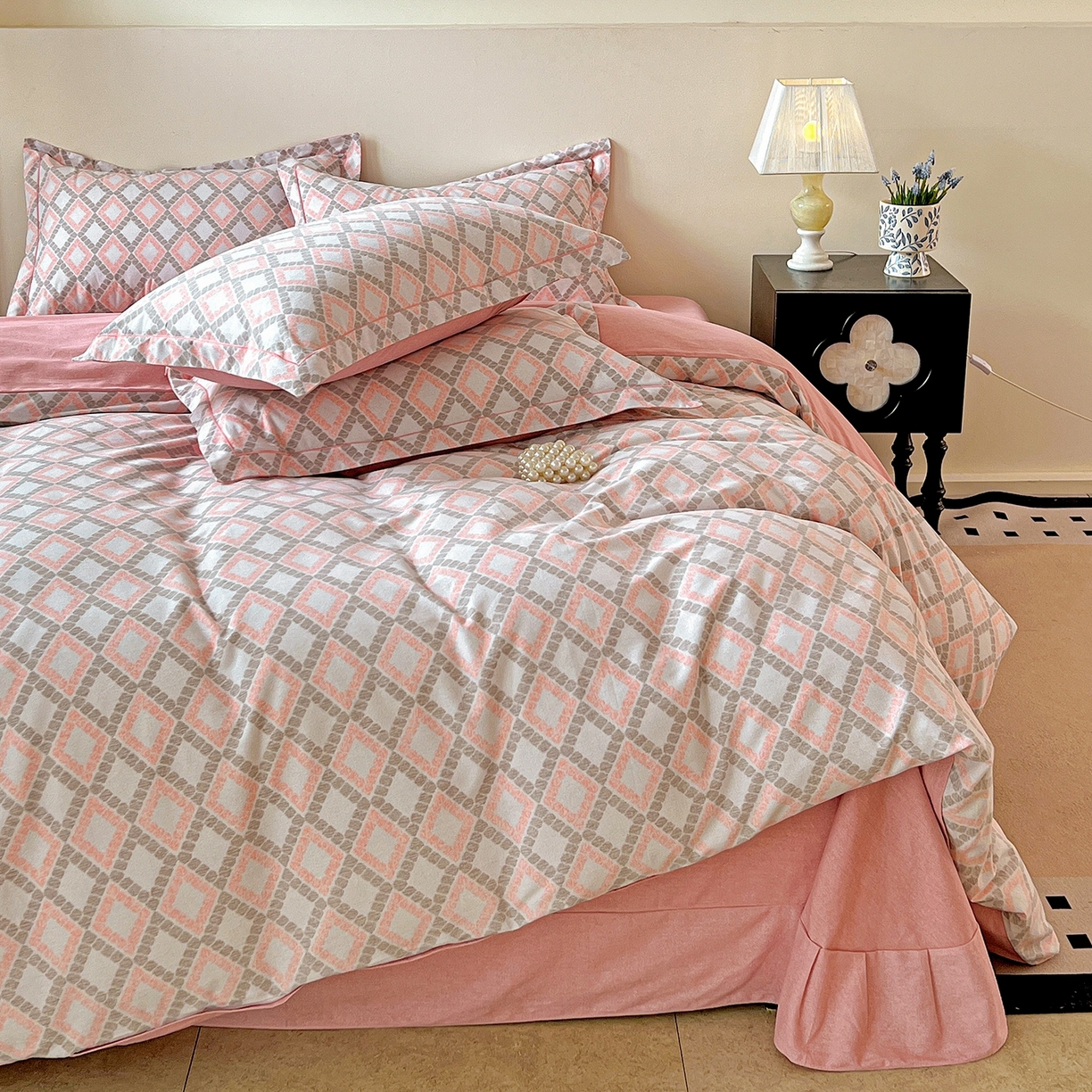 91家纺网 家纺一手货源 找家纺 亿梵家居 2026新款全棉纯棉磨毛四件套 莎莉亚-粉