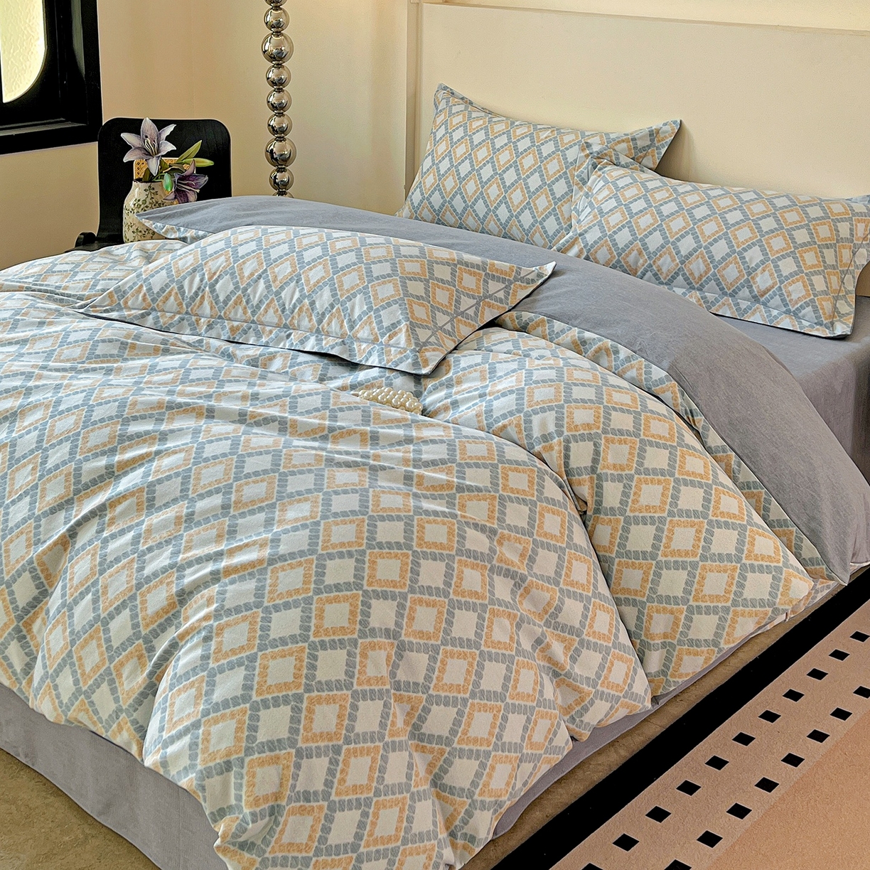 91家纺网 家纺一手货源 找家纺 亿梵家居 2026新款全棉纯棉磨毛四件套 莎莉亚-蓝