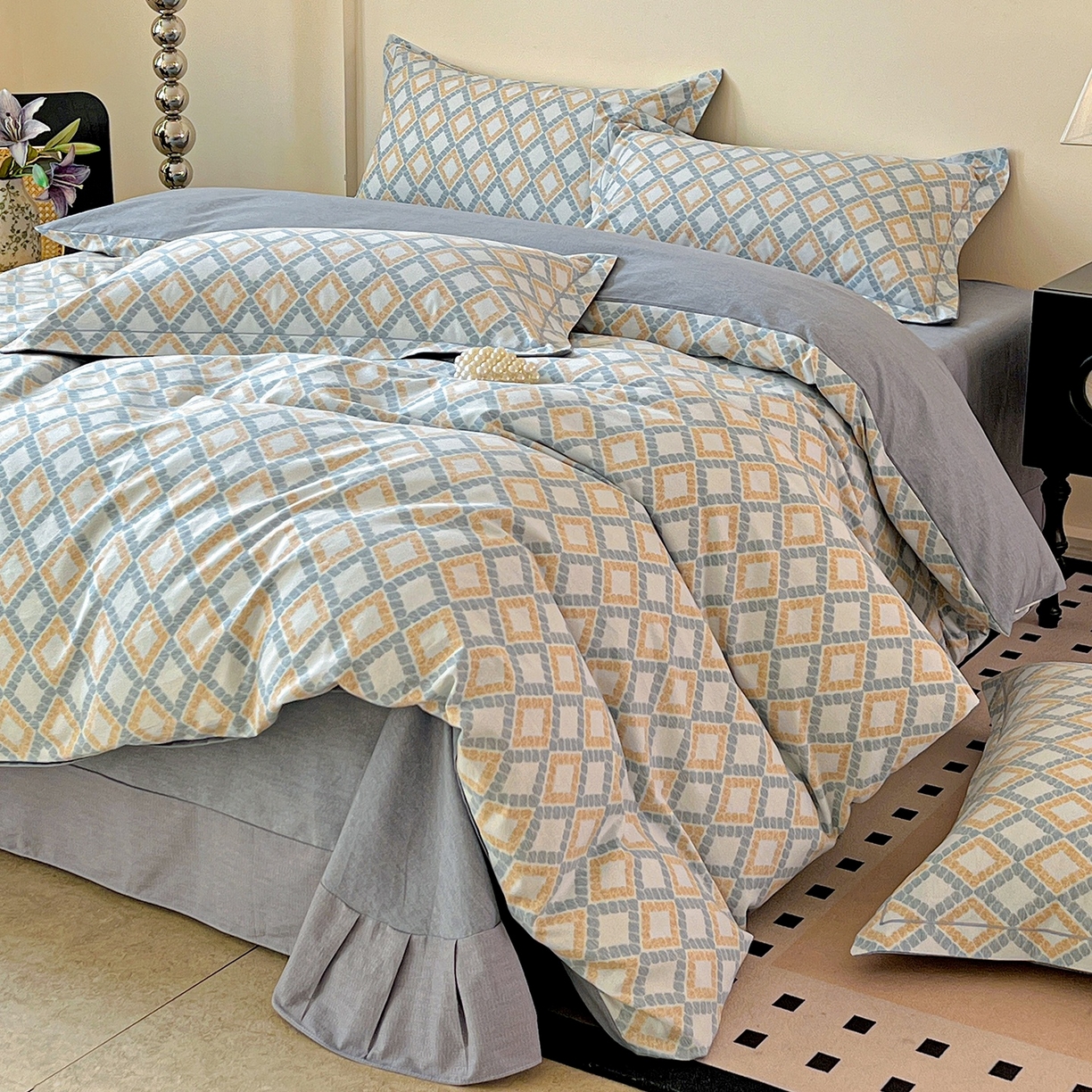 91家纺网 家纺一手货源 找家纺 亿梵家居 2026新款全棉纯棉磨毛四件套 莎莉亚-蓝