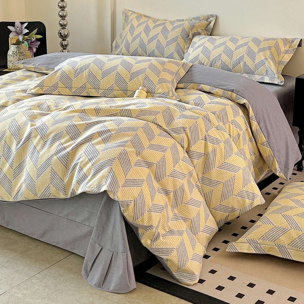 91家纺网 家纺一手货源 找家纺 亿梵家居 2026新款全棉纯棉磨毛四件套 施华洛-灰