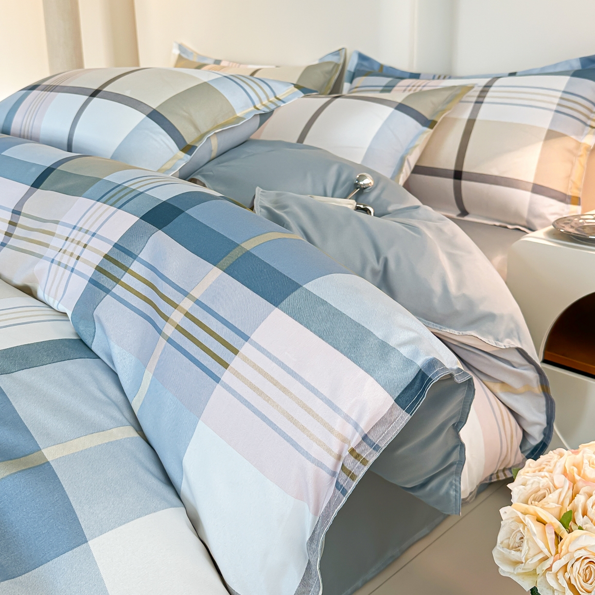 91家纺网 家纺一手货源 找家纺 楠沐家纺 2026新款无印风单层床笠床垫保护套 布丁格蓝