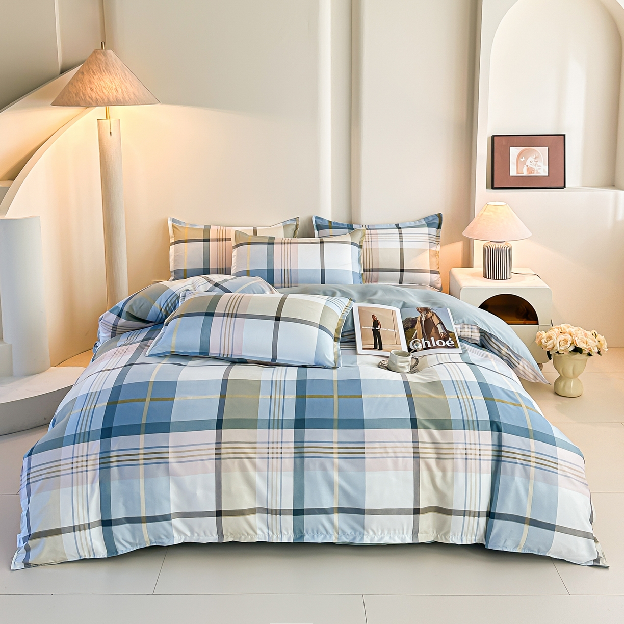 91家纺网 家纺一手货源 找家纺 楠沐家纺 2025年新款无印风学生印花四件套芦荟棉水洗棉 英伦蓝格