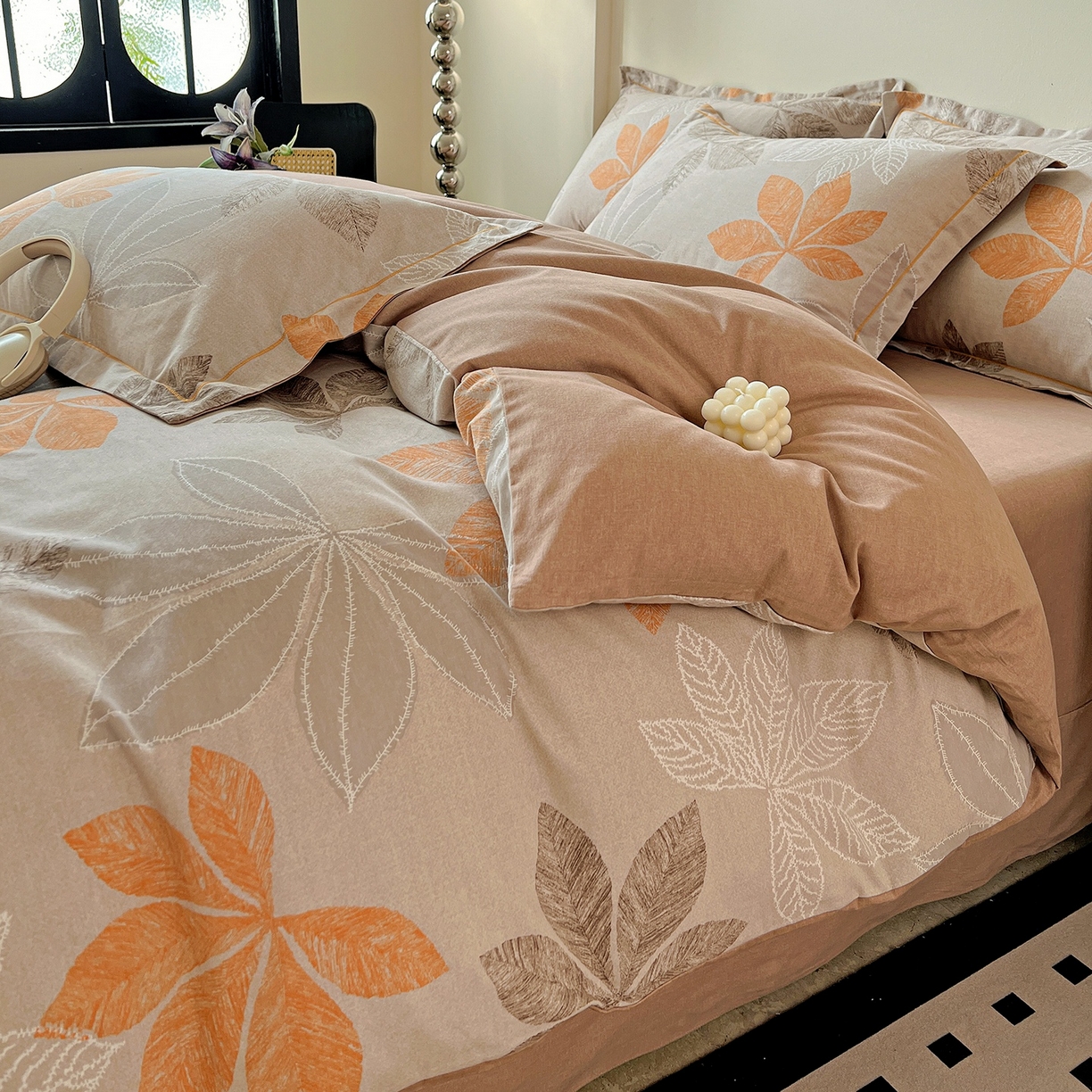 91家纺网 家纺一手货源 找家纺 亿梵家居 2026新款全棉纯棉磨毛四件套 香山红叶-咖