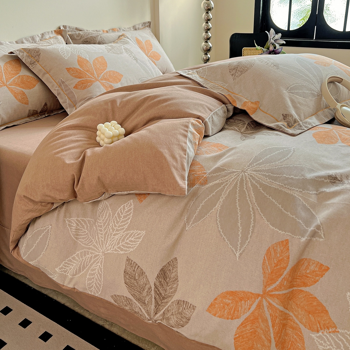 91家纺网 家纺一手货源 找家纺 亿梵家居 2026新款全棉纯棉磨毛四件套 香山红叶-咖