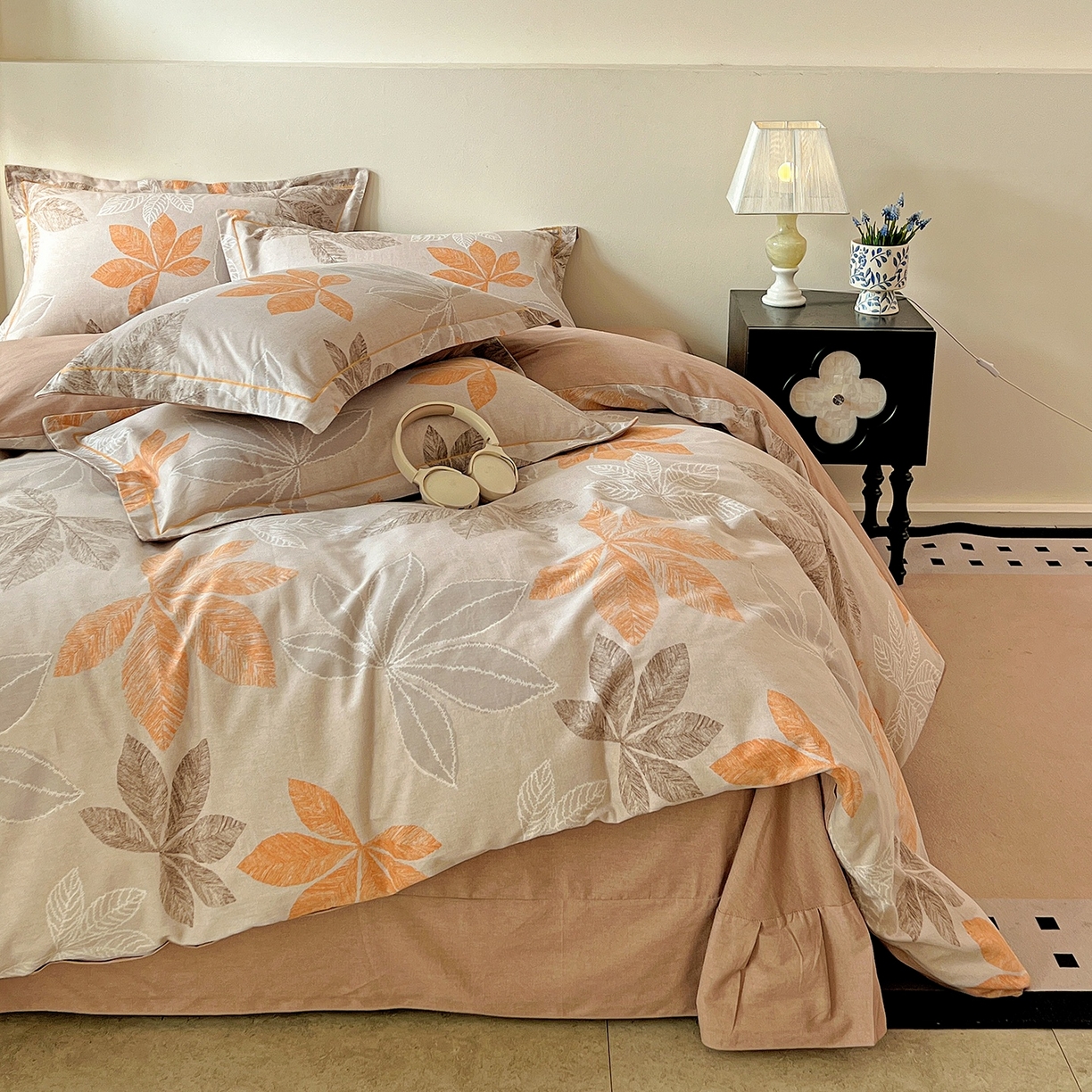 91家纺网 家纺一手货源 找家纺 亿梵家居 2026新款全棉纯棉磨毛四件套 香山红叶-咖