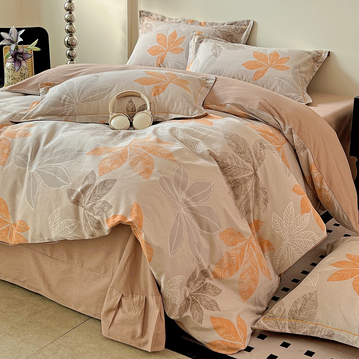 91家纺网 家纺一手货源 找家纺 亿梵家居 2026新款全棉纯棉磨毛四件套 香山红叶-咖