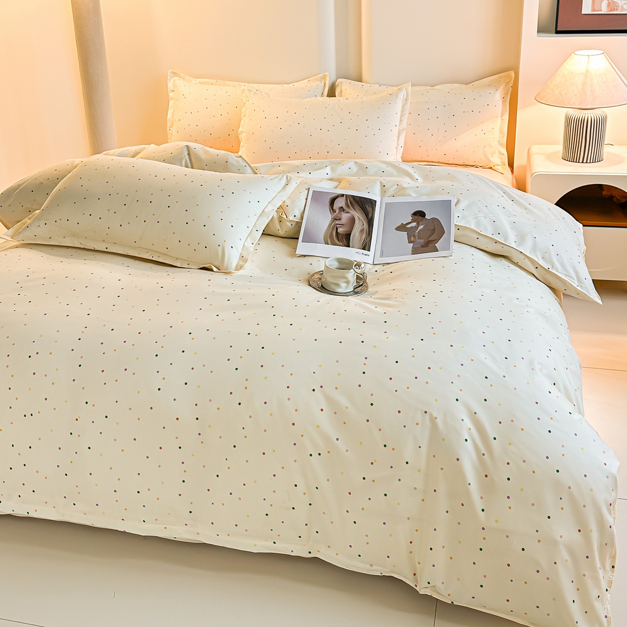 91家纺网 家纺一手货源 找家纺 楠沐家纺 2025年新款无印风学生印花四件套芦荟棉水洗棉 彩色波点