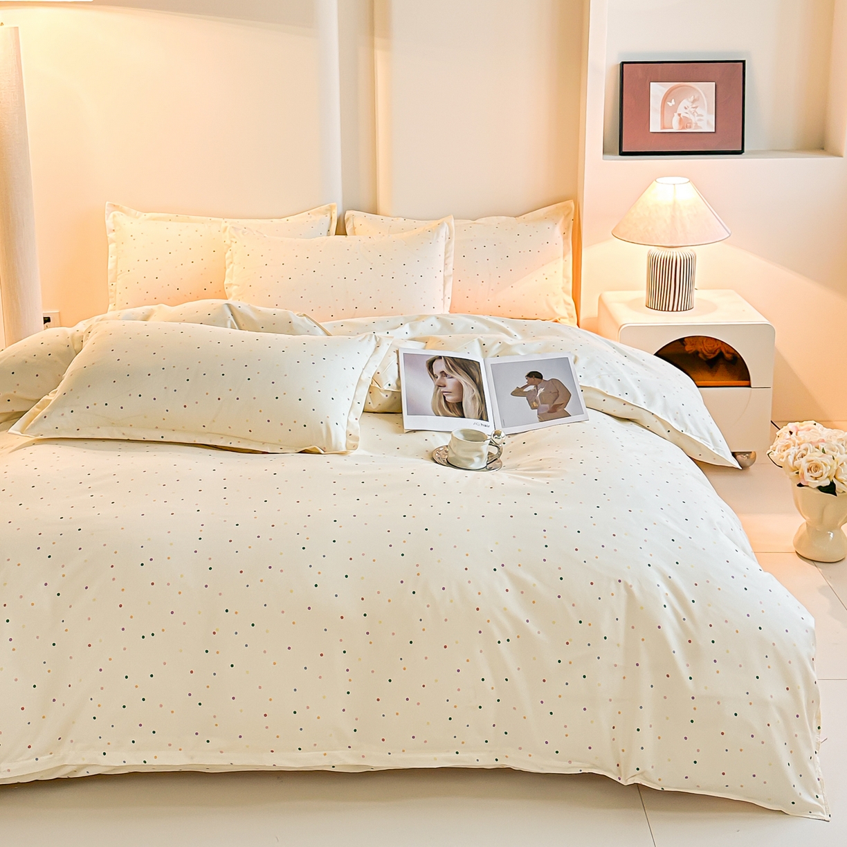 91家纺网 家纺一手货源 找家纺 楠沐家纺 2025年新款无印风学生印花四件套芦荟棉水洗棉 彩色波点