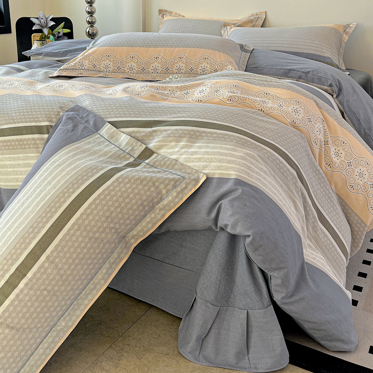 91家纺网 家纺一手货源 找家纺 亿梵家居 2026新款全棉纯棉磨毛四件套 肖邦-灰