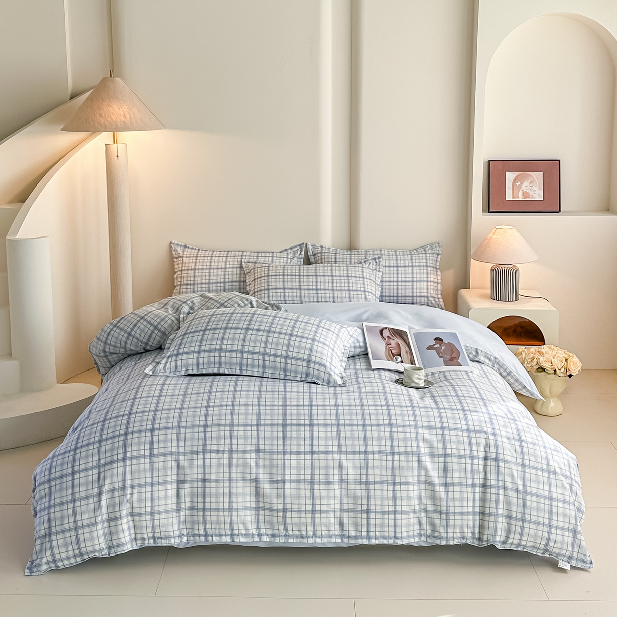 91家纺网 家纺一手货源 找家纺 楠沐家纺 2025年新款无印风学生印花四件套芦荟棉水洗棉 晴空蓝格