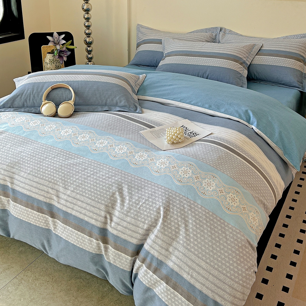 91家纺网 家纺一手货源 找家纺 亿梵家居 2026新款全棉纯棉磨毛四件套 肖邦-蓝