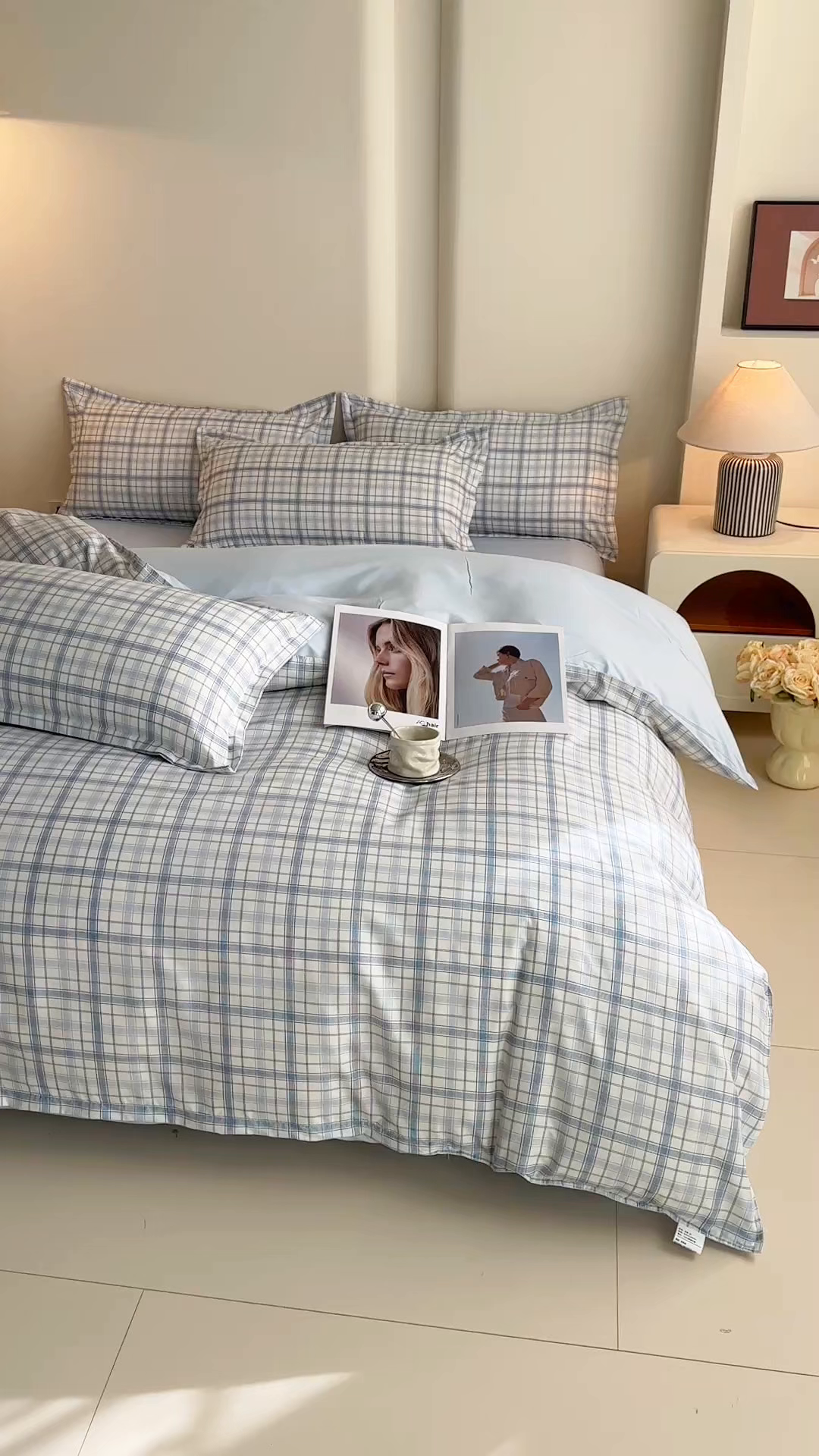 91家纺网 家纺一手货源 找家纺 楠沐家纺 2025年新款无印风学生印花四件套芦荟棉水洗棉 晴空蓝格