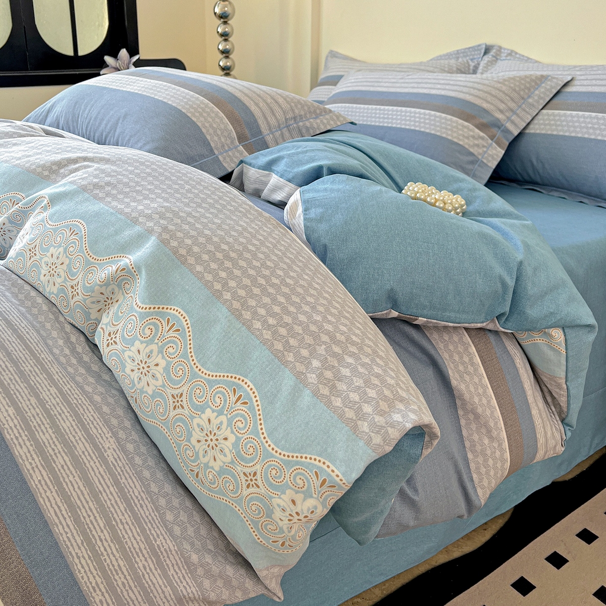 91家纺网 家纺一手货源 找家纺 亿梵家居 2026新款全棉纯棉磨毛四件套 肖邦-蓝