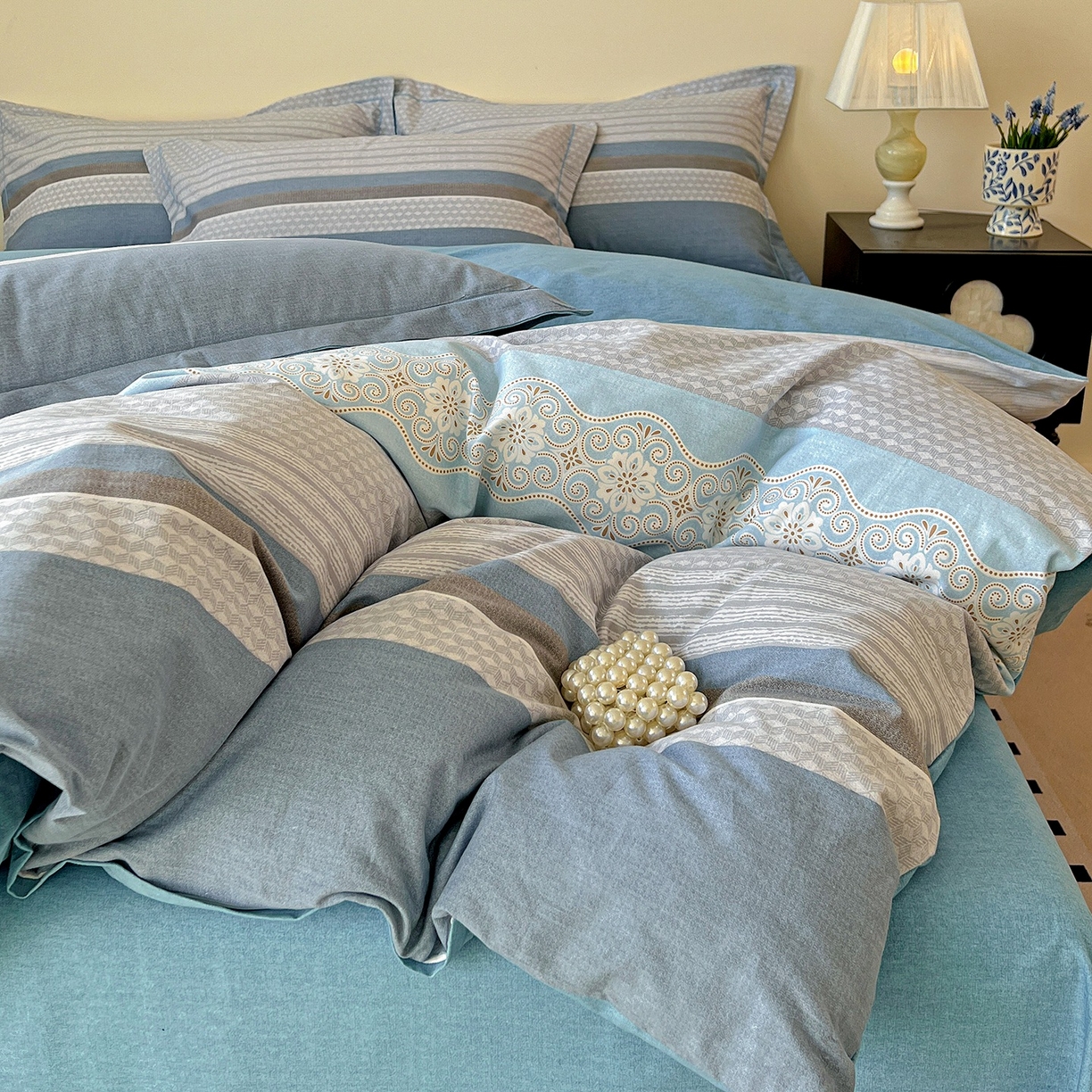 91家纺网 家纺一手货源 找家纺 亿梵家居 2026新款全棉纯棉磨毛四件套 肖邦-蓝