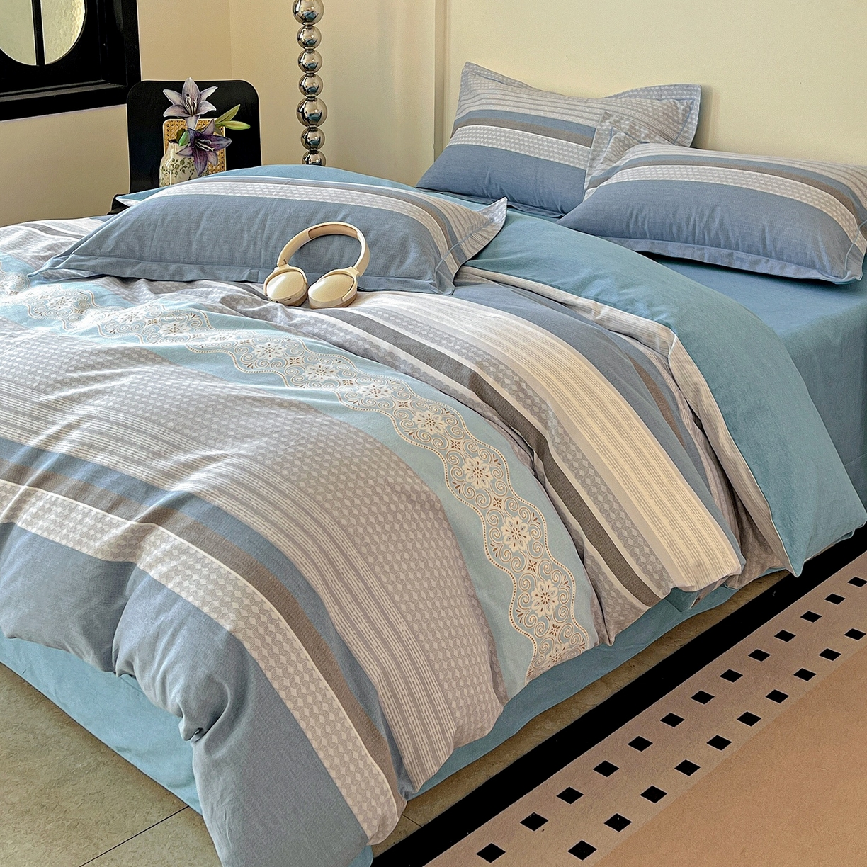 91家纺网 家纺一手货源 找家纺 亿梵家居 2026新款全棉纯棉磨毛四件套 肖邦-蓝