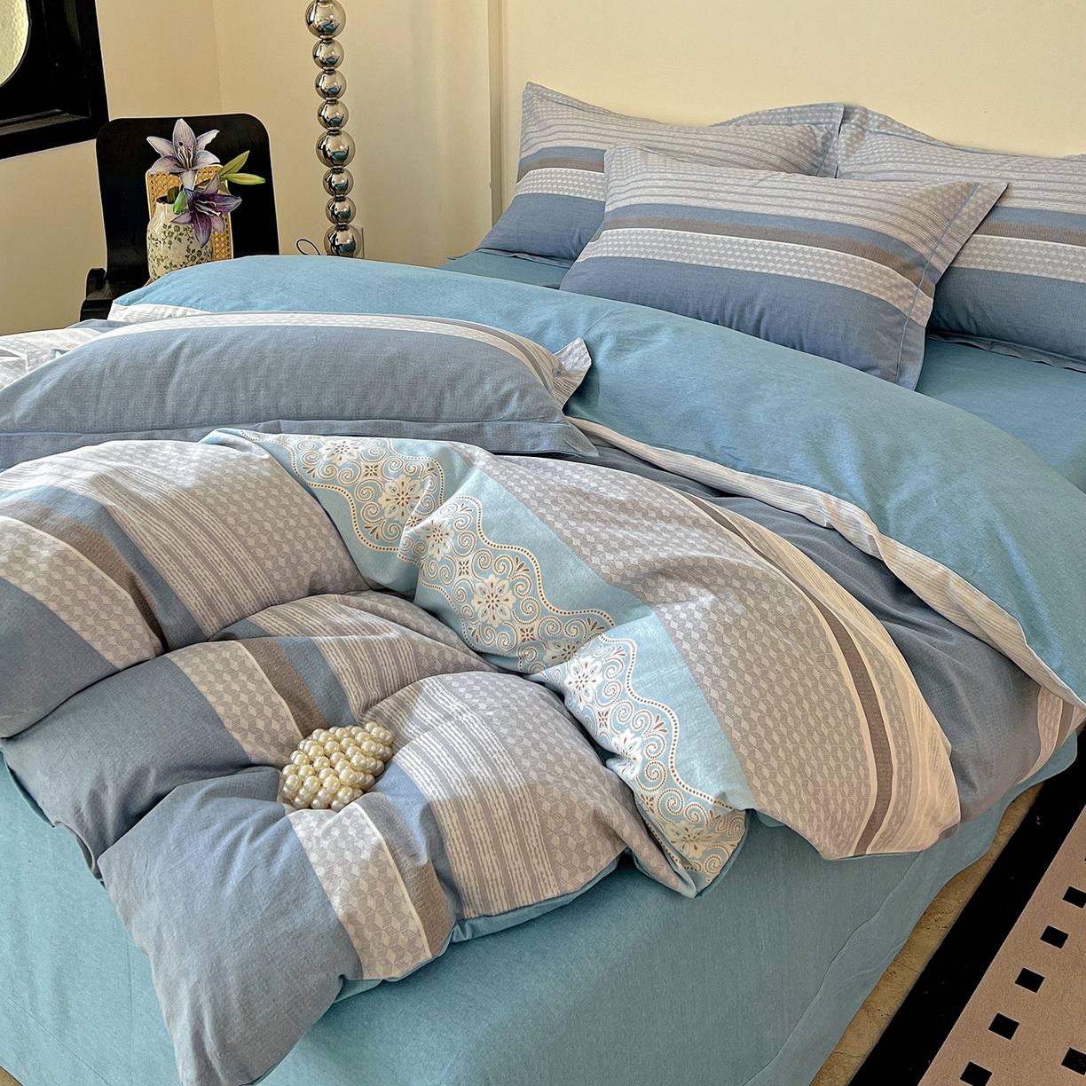 91家纺网 家纺一手货源 找家纺 亿梵家居 2026新款全棉纯棉磨毛四件套 肖邦-蓝