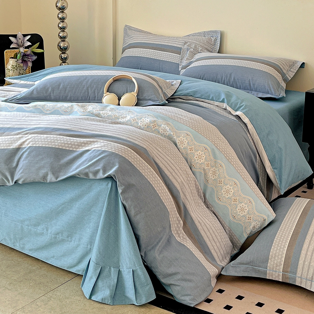 91家纺网 家纺一手货源 找家纺 亿梵家居 2026新款全棉纯棉磨毛四件套 肖邦-蓝