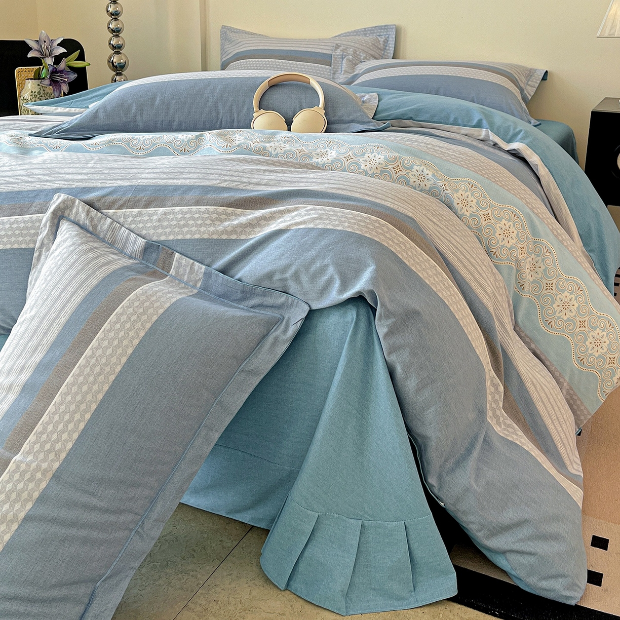 91家纺网 家纺一手货源 找家纺 亿梵家居 2026新款全棉纯棉磨毛四件套 肖邦-蓝