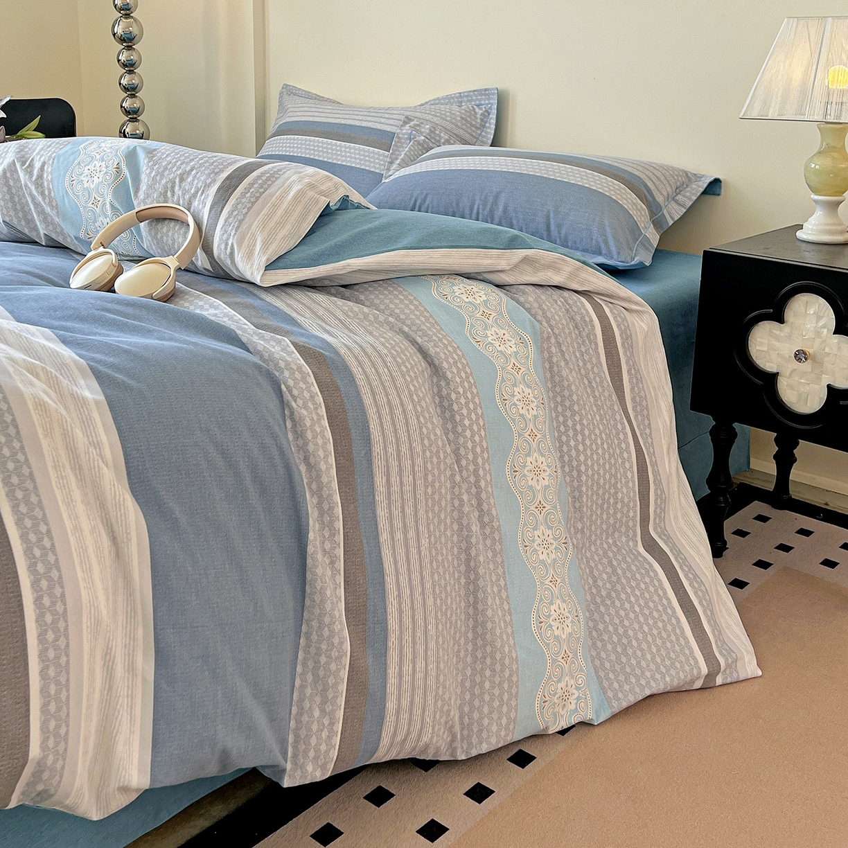 91家纺网 家纺一手货源 找家纺 亿梵家居 2026新款全棉纯棉磨毛四件套 肖邦-蓝