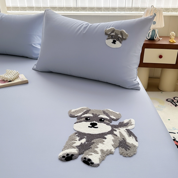 91家纺网 家纺一手货源 找家纺 卡诗兰 2025新款100支全棉磨毛毛巾绣床笠三件套 蓝色修狗