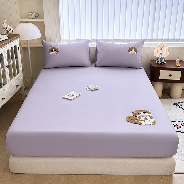 91家纺网 家纺一手货源 找家纺 卡诗兰 2025新款100支全棉磨毛毛巾绣床笠三件套 萌萌猫