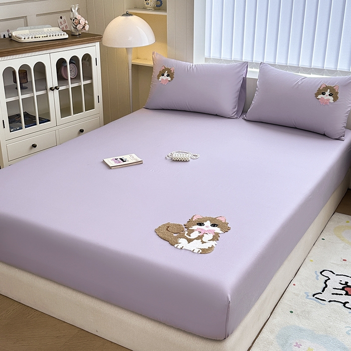 91家纺网 家纺一手货源 找家纺 卡诗兰 2025新款100支全棉磨毛毛巾绣床笠三件套 萌萌猫