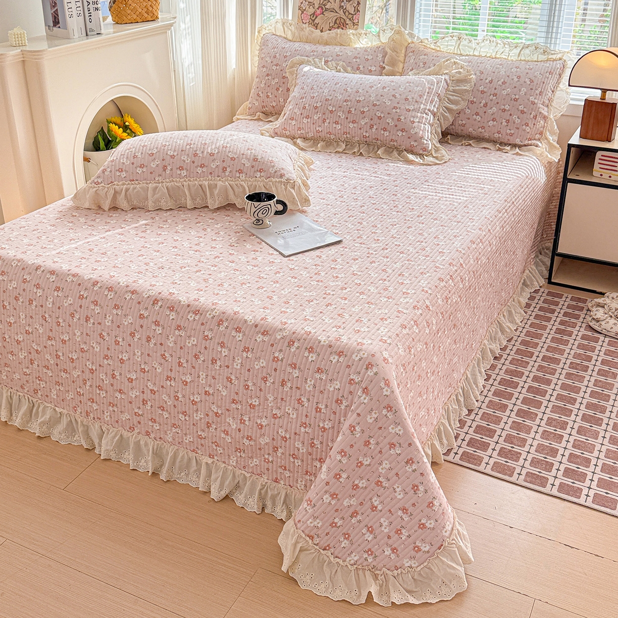 亨通家纺 2026新款古法水洗棉花边夹棉床盖单床盖床盖单件 和风细雨