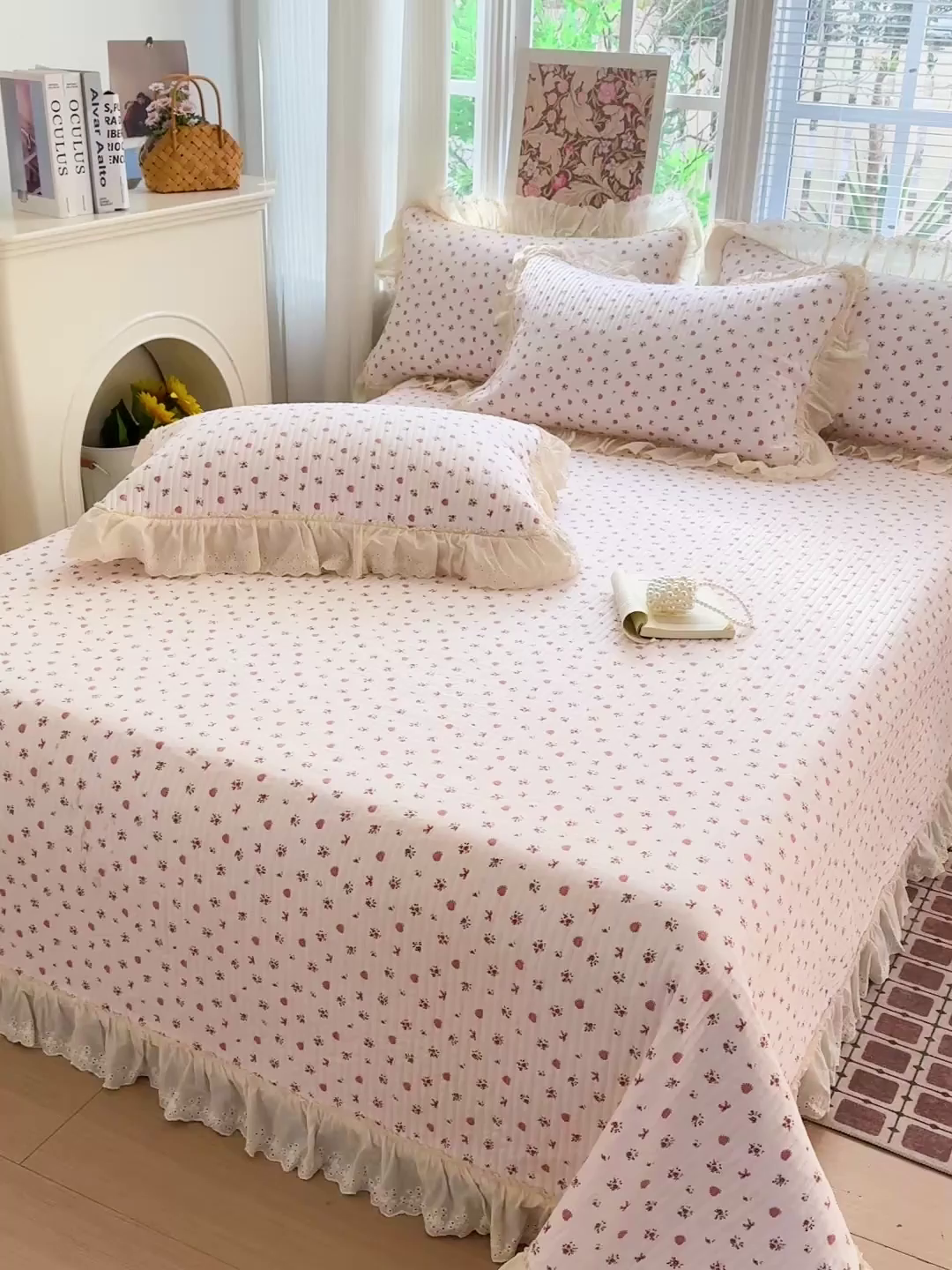 91家纺网 家纺一手货源 找家纺 亨通家纺 2026新款古法水洗棉花边夹棉床盖单床盖床盖单件 少女茶会红