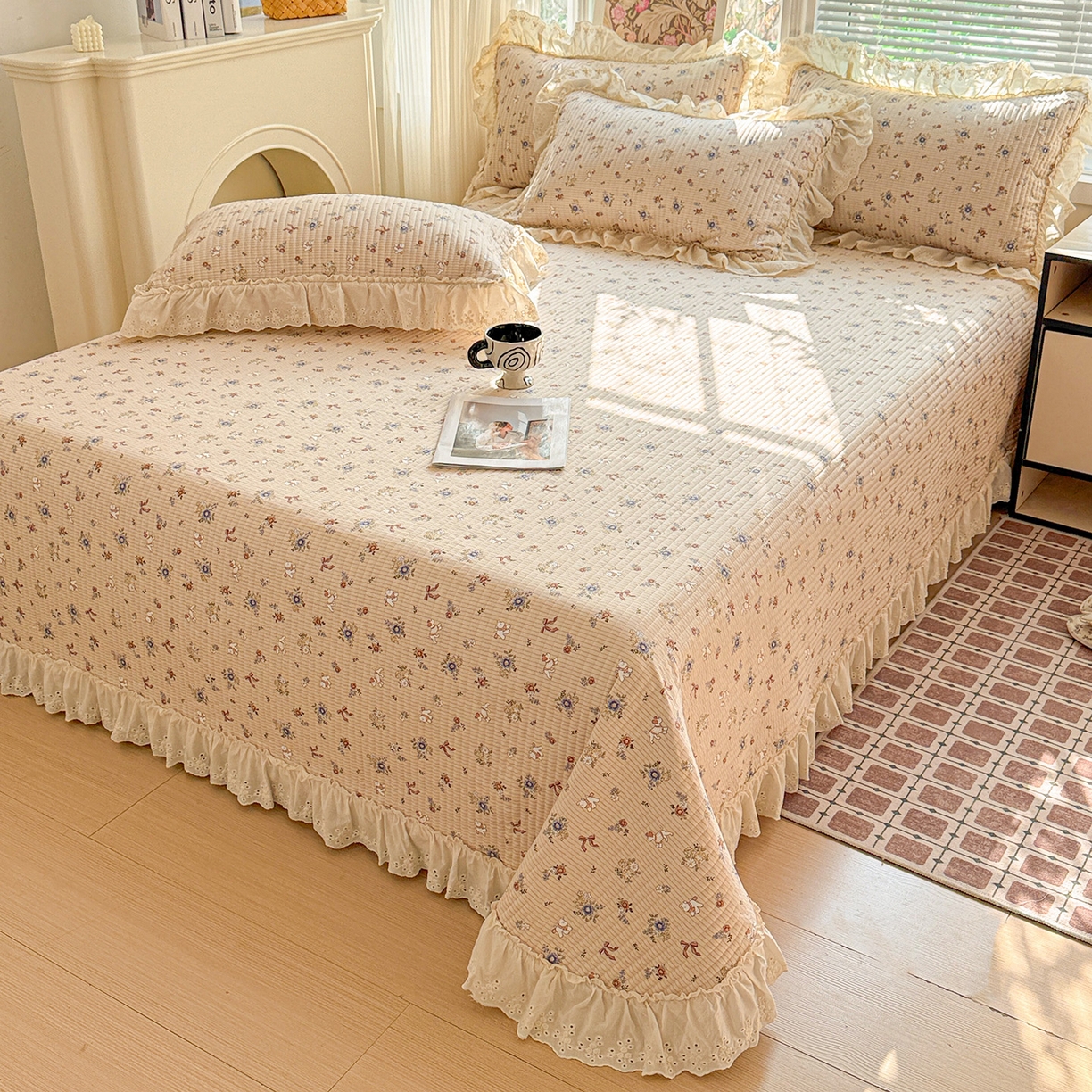 亨通家纺 2026新款古法水洗棉花边夹棉床盖单床盖床盖单件 甜豆女孩