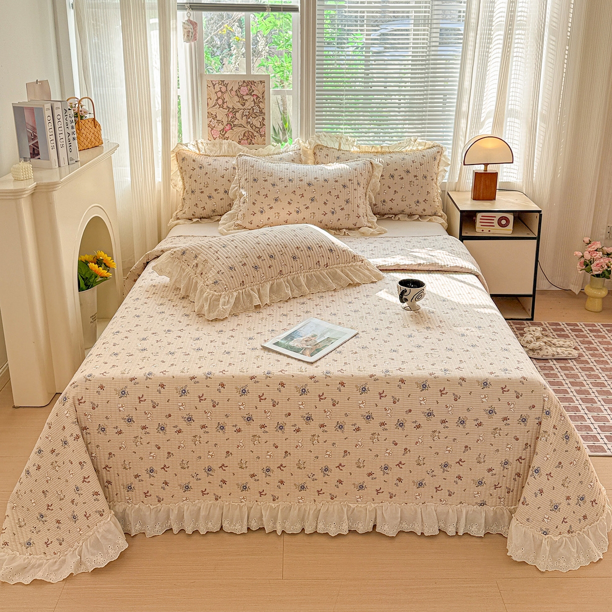 91家纺网 家纺一手货源 找家纺 亨通家纺 2026新款古法水洗棉花边夹棉床盖单床盖床盖单件 甜豆女孩