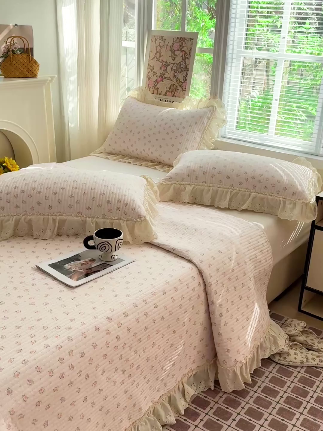 91家纺网 家纺一手货源 找家纺 亨通家纺 2026新款古法水洗棉花边夹棉床盖单床盖床盖单件 小苍兰