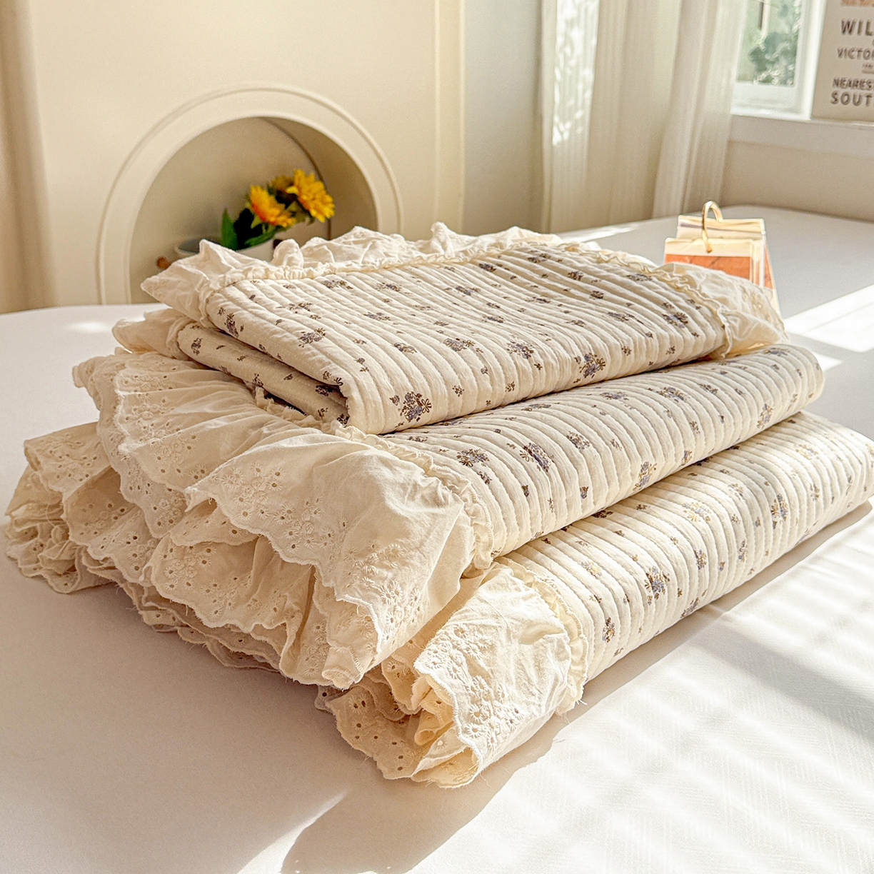 91家纺网 家纺一手货源 找家纺 亨通家纺 2026新款古法水洗棉花边夹棉床盖单床盖床盖单件 珍妮