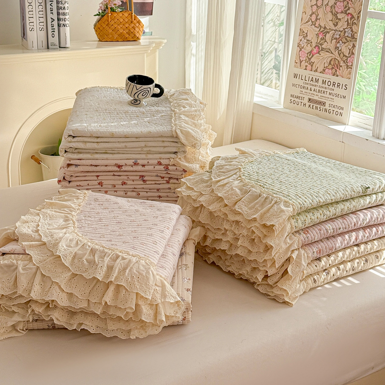 91家纺网 家纺一手货源 找家纺 亨通家纺 2026新款古法水洗棉花边夹棉床盖单床盖床盖单件 组合图 仅供参考