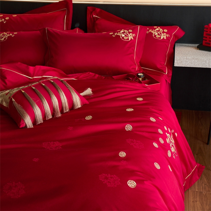 91家纺网 家纺一手货源 找家纺 （总）红番天婚庆 2025新款全棉纯棉提花四件套-金凤玉露