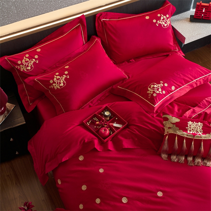 91家纺网 家纺一手货源 找家纺 （总）红番天婚庆 2025新款全棉纯棉提花四件套-金凤玉露