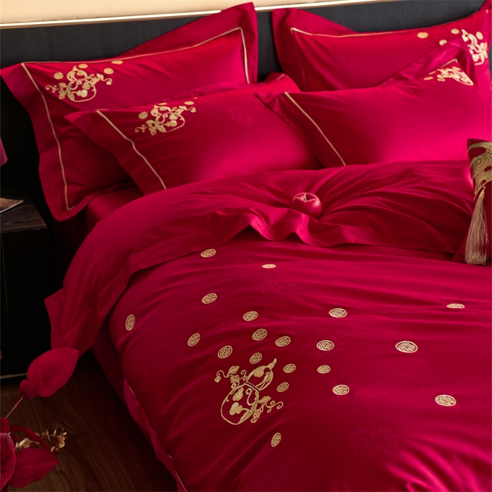 91家纺网 家纺一手货源 找家纺 （总）红番天婚庆 2025新款全棉纯棉提花四件套-金凤玉露