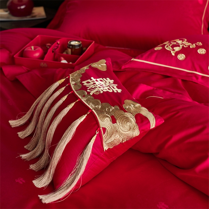 91家纺网 家纺一手货源 找家纺 （总）红番天婚庆 2025新款全棉纯棉提花四件套-金凤玉露